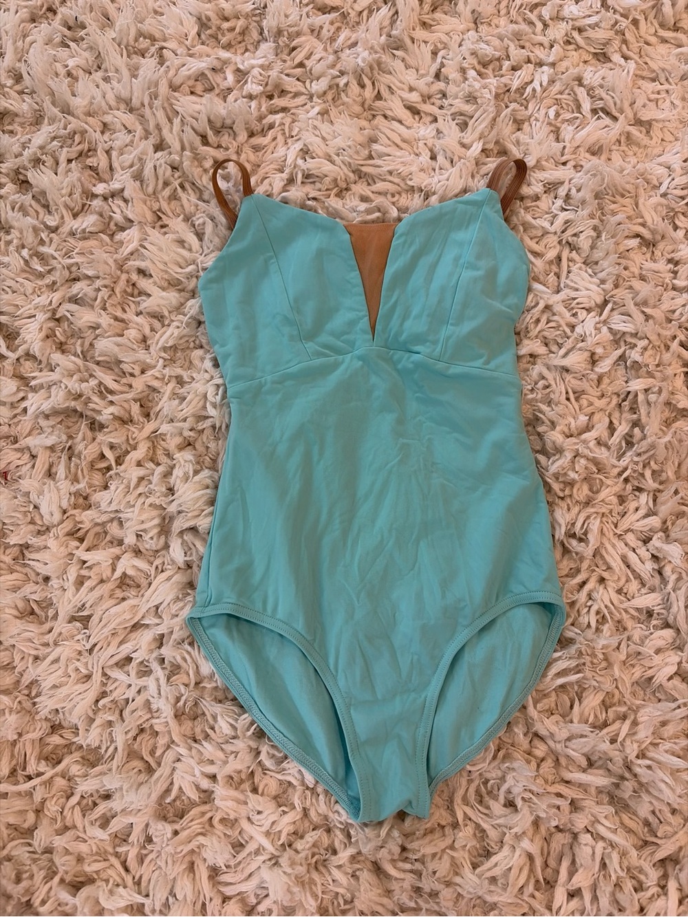 Aqua Blue One-Piece Swimsuit with Contrast Brown Straps